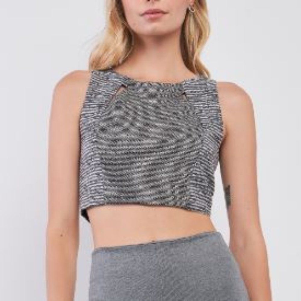 #37 Grey & Black Tweed Glitter Weave Sleeveless Crew Neck Cut-Out Crop Top